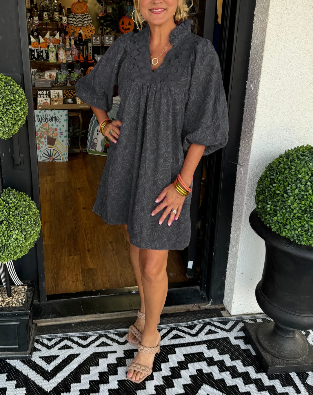 Duttini | Elegant Puff Sleeve Mini Dress V-Neck Smock Babydoll
