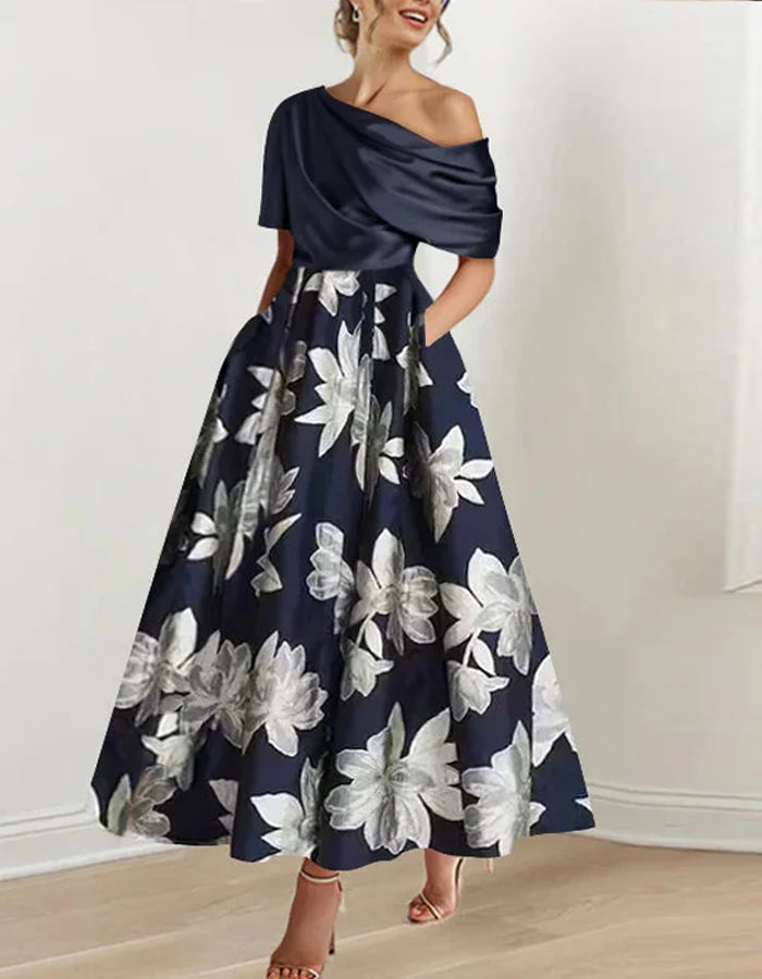 Duttini | White Satin Off-Shoulder Bodycon Printed Dress