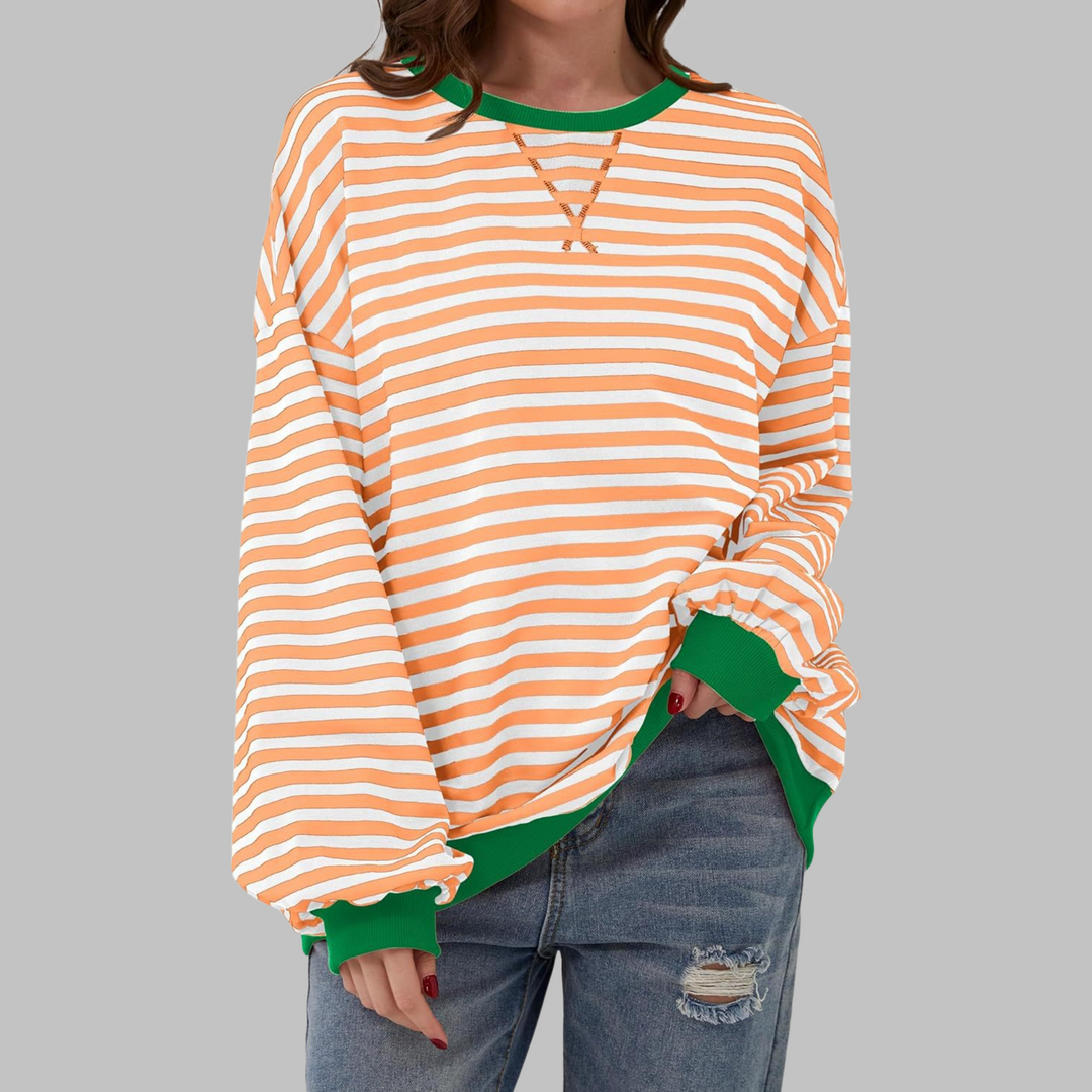 Duttini | Romantic Striped Crewneck Long Sleeve Oversized Sweatshirt