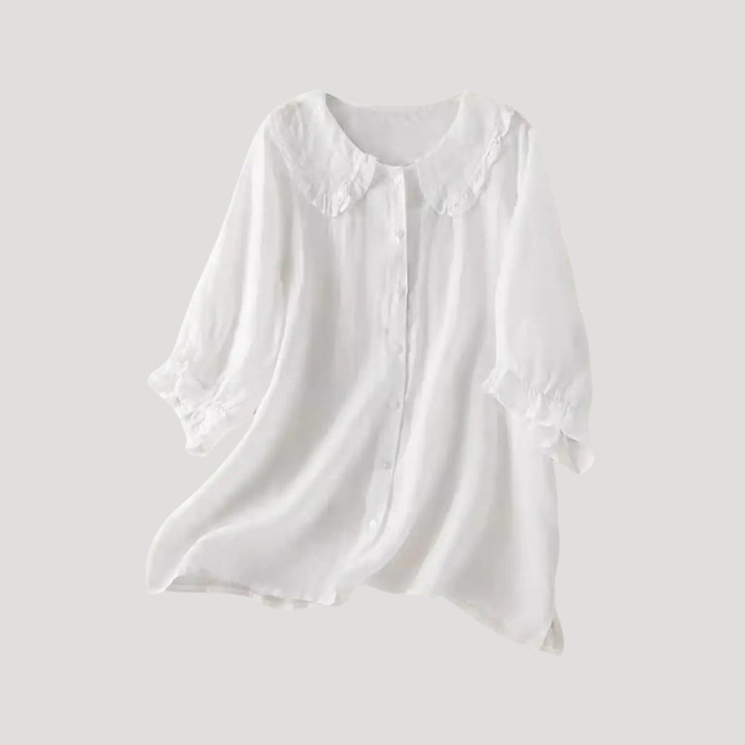 Duttini | Linen Blend Blouse Long Sleeve Ruffle Collar Top