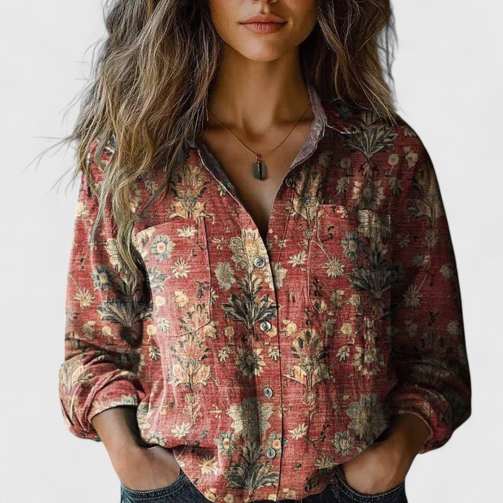 Duttini | Vintage Floral Print Long Sleeve Button-Down Shirt