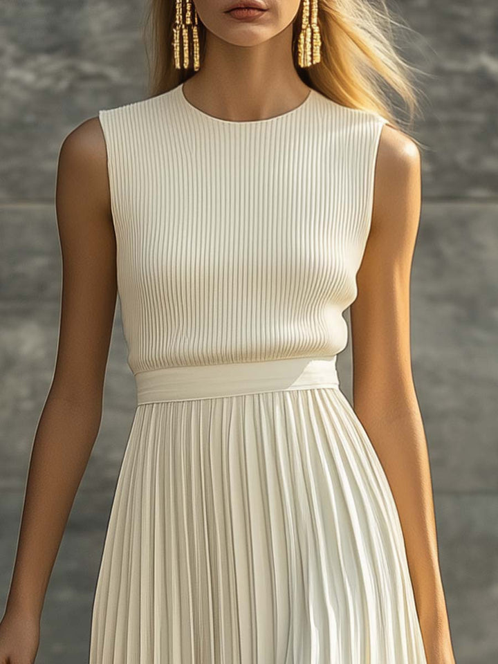 Duttini | Cream Chiffon Pleated Casual Dress