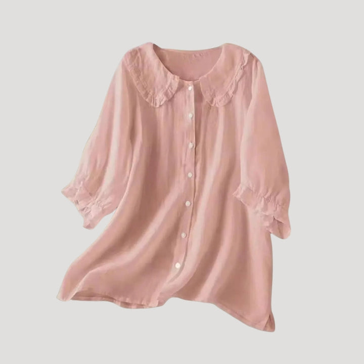 Duttini | Linen Blend Blouse Long Sleeve Ruffle Collar Top