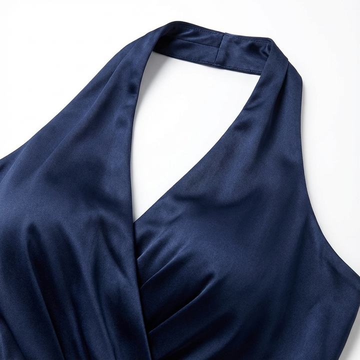 Duttini | Flowing Satin Halter Neck Wrap Maxi Dress With Bow Tie Waist And Ruffled Hem