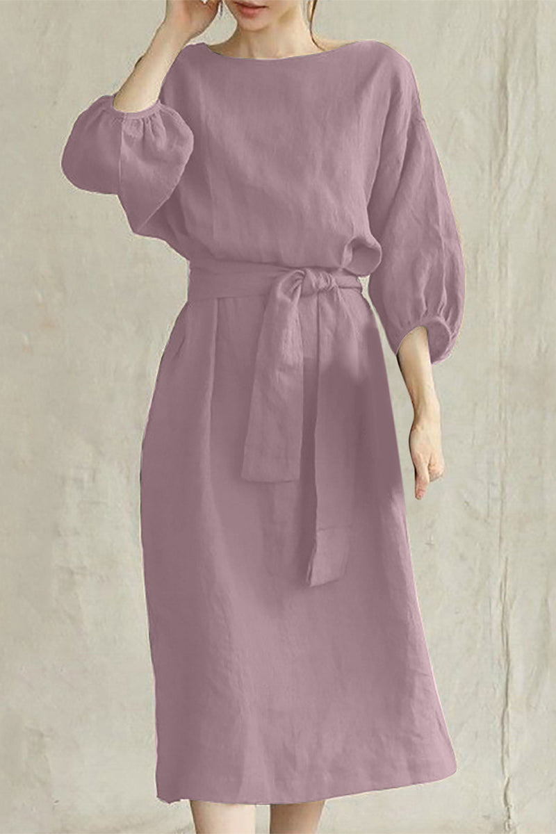 Duttini | Modern Linen Blend Midi Dress With Tie Waist
