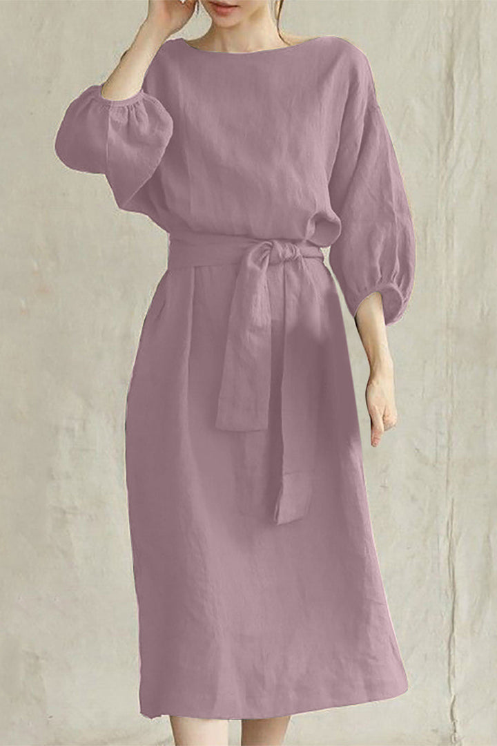 Duttini | Modern Linen Blend Midi Dress With Tie Waist