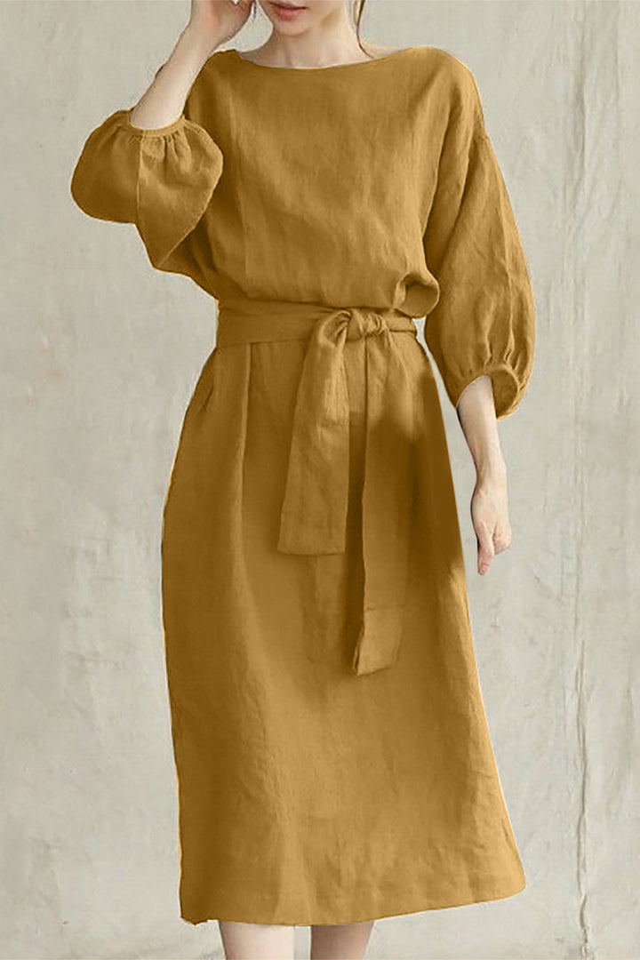 Duttini | Modern Linen Blend Midi Dress With Tie Waist