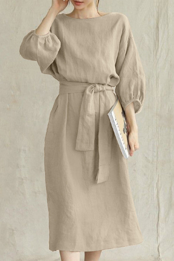 Duttini | Modern Linen Blend Midi Dress With Tie Waist