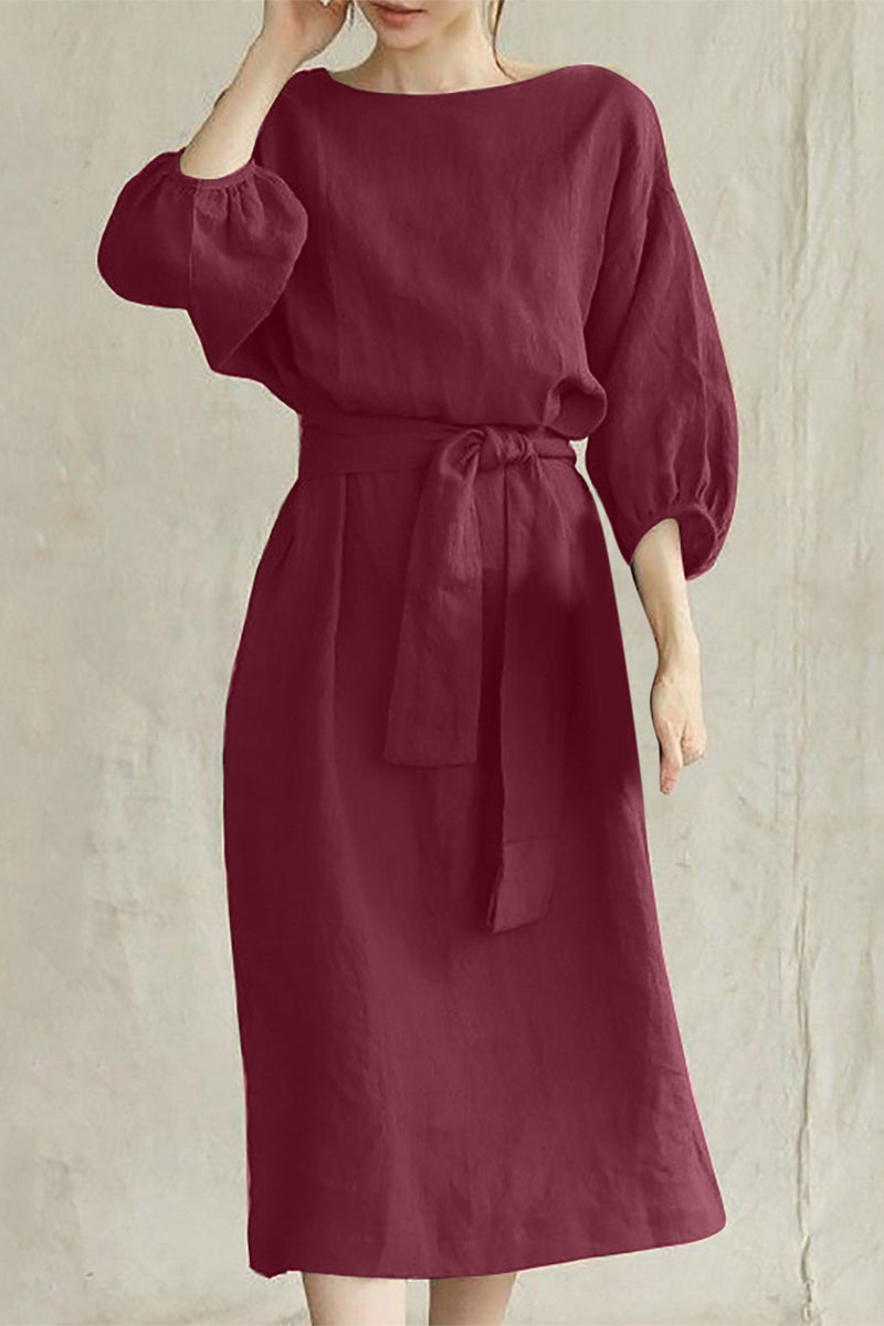 Duttini | Modern Linen Blend Midi Dress With Tie Waist