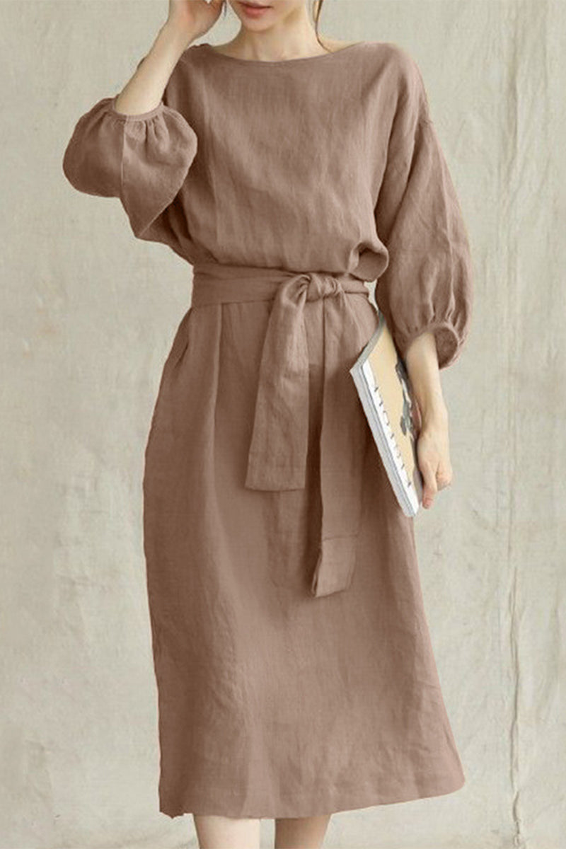 Duttini | Modern Linen Blend Midi Dress With Tie Waist