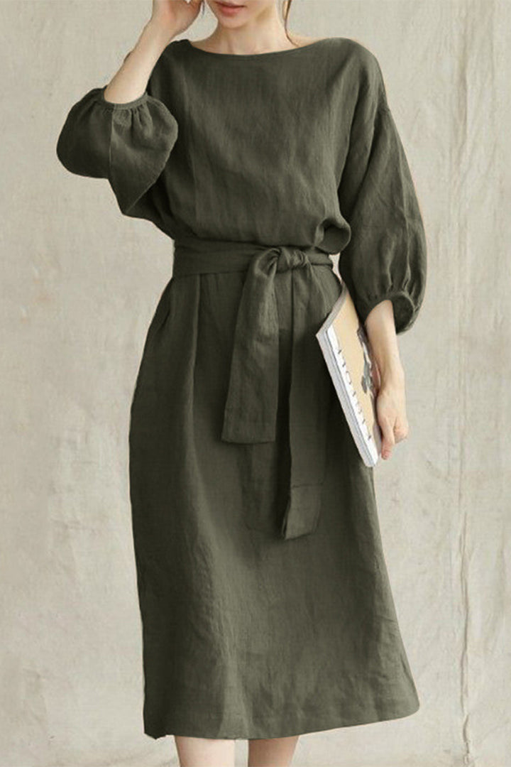 Duttini | Modern Linen Blend Midi Dress With Tie Waist