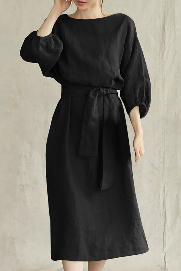 Duttini | Modern Linen Blend Midi Dress With Tie Waist