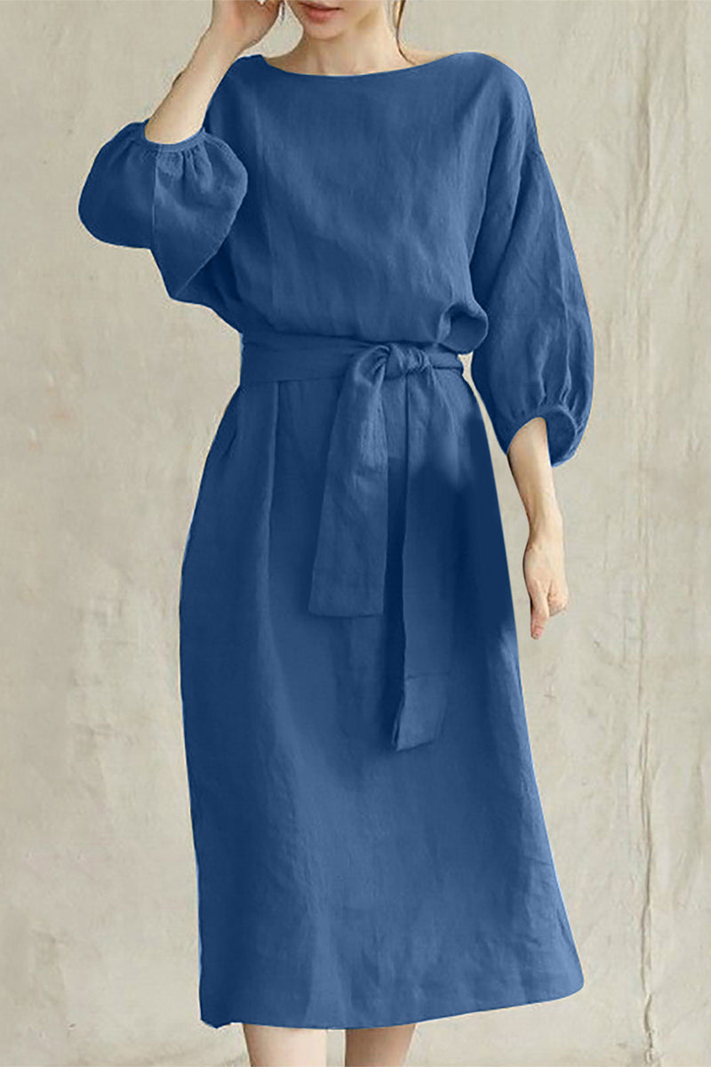 Duttini | Modern Linen Blend Midi Dress With Tie Waist