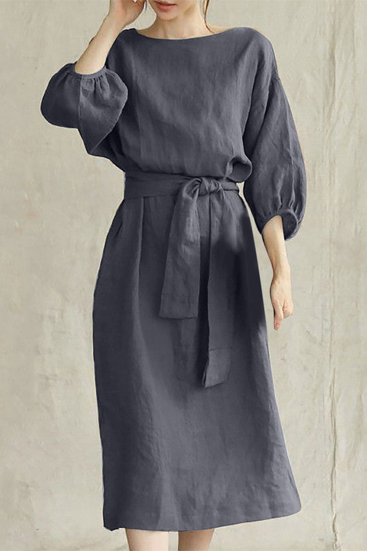 Duttini | Modern Linen Blend Midi Dress With Tie Waist