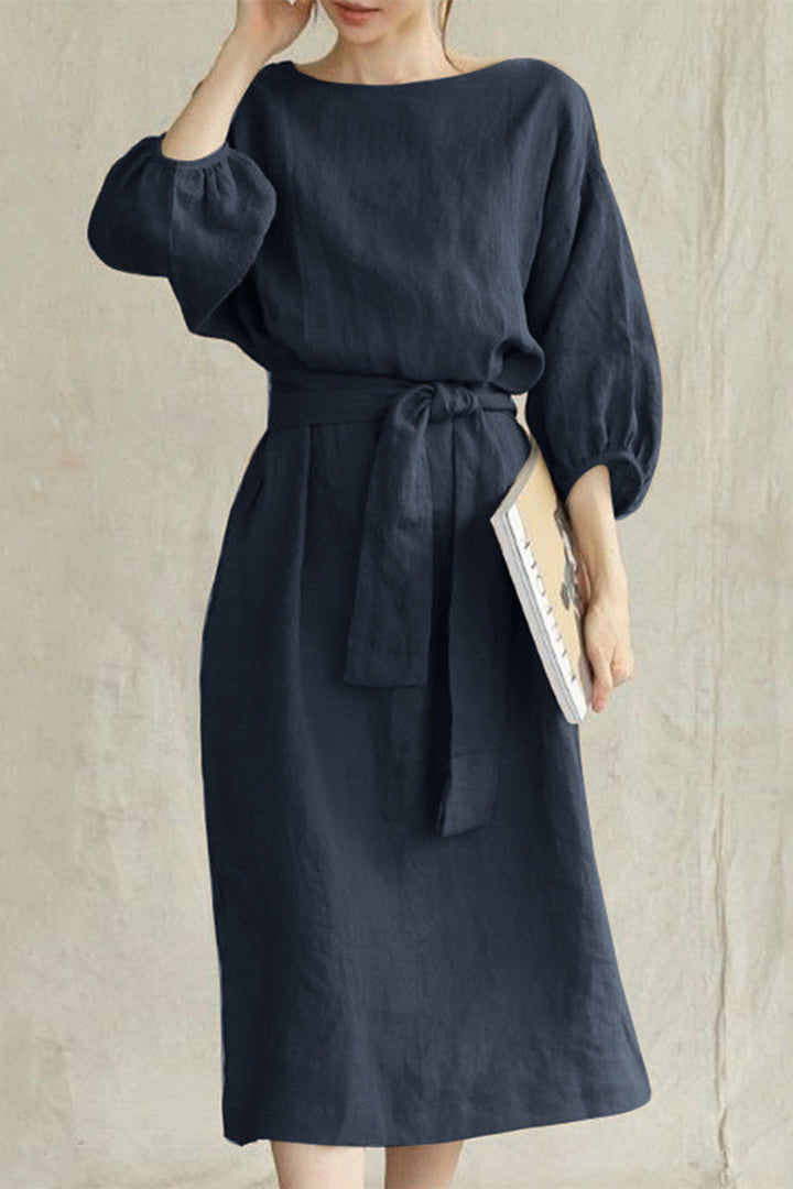 Duttini | Modern Linen Blend Midi Dress With Tie Waist