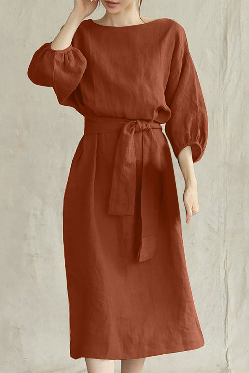 Duttini | Modern Linen Blend Midi Dress With Tie Waist