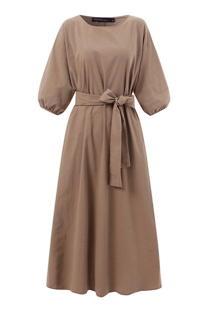 Duttini | Modern Linen Blend Midi Dress With Tie Waist