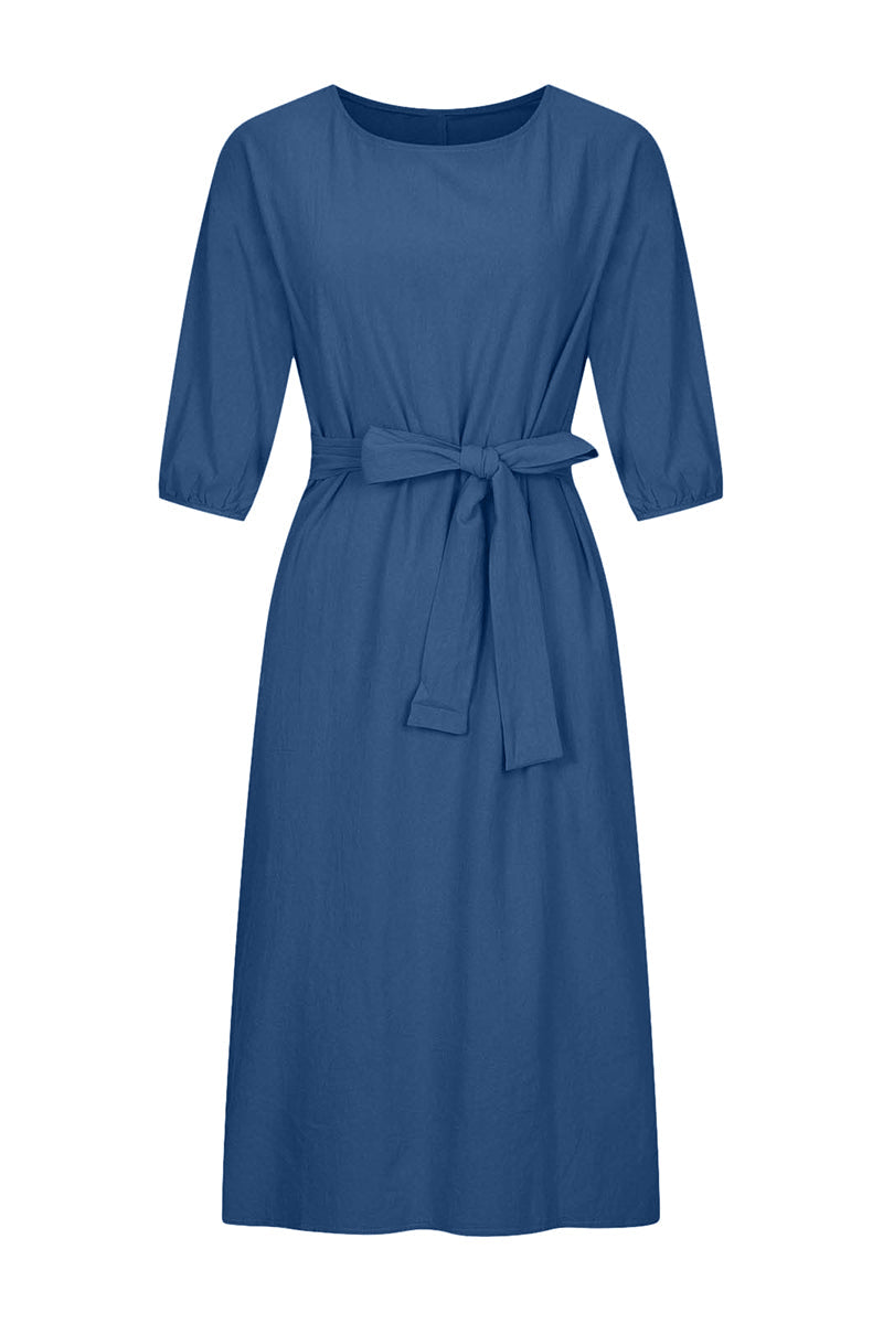 Duttini | Modern Linen Blend Midi Dress With Tie Waist