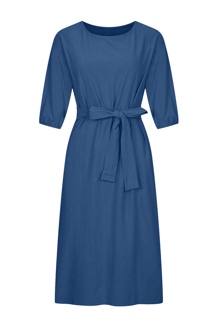 Duttini | Modern Linen Blend Midi Dress With Tie Waist