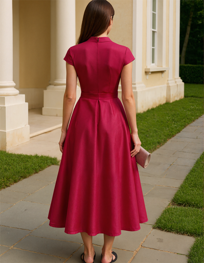 Duttini | Red Satin V-Neck A-Line Floral Dress