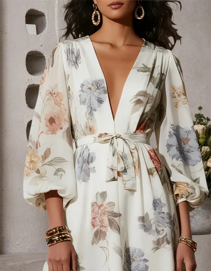 Duttini | Ivory Chiffon V-Neck Printed Dress