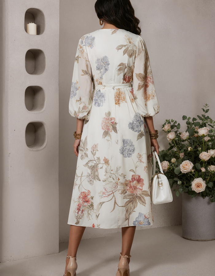 Duttini | Ivory Chiffon V-Neck Printed Dress