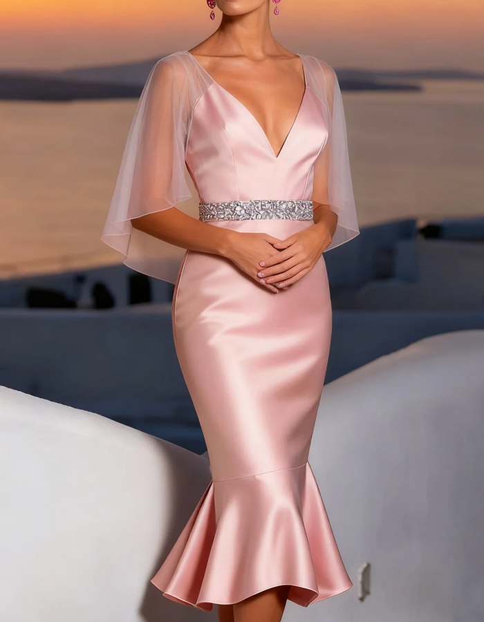 Duttini | Pale Pink Satin Mermaid Shawl Dress