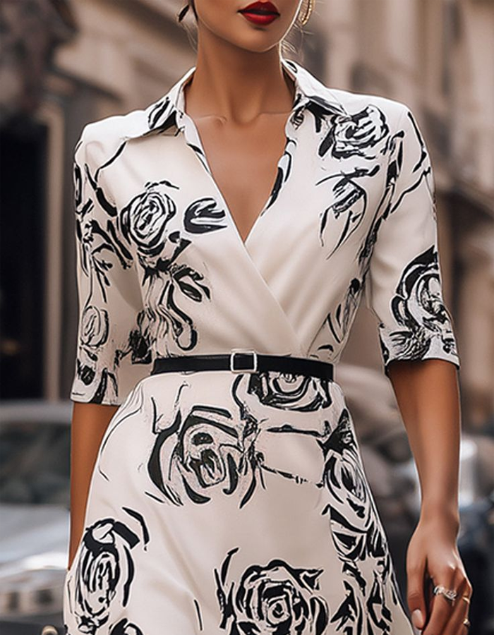 Duttini | White Stand Collar Printed Wrap Dress