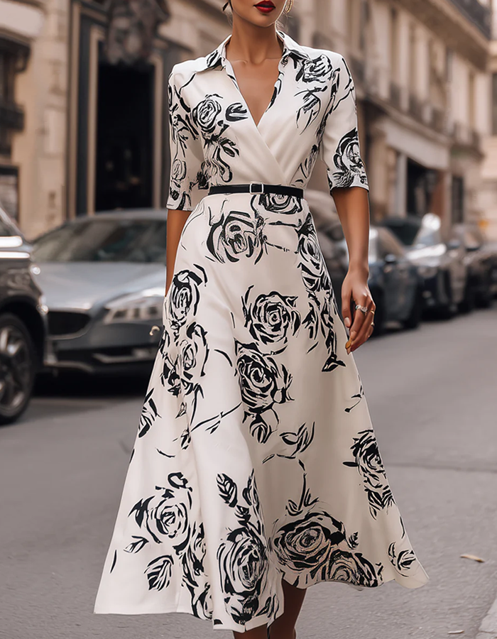 Duttini | White Stand Collar Printed Wrap Dress