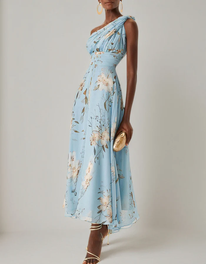 Duttini | Light Blue Chiffon One-Shoulder Floral Dress