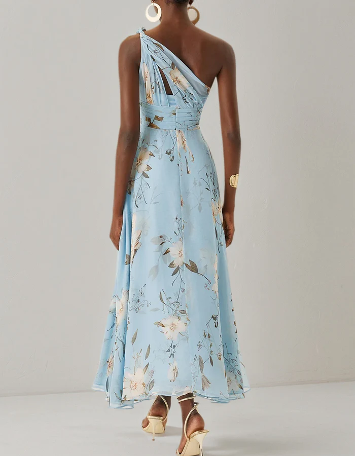 Duttini | Light Blue Chiffon One-Shoulder Floral Dress