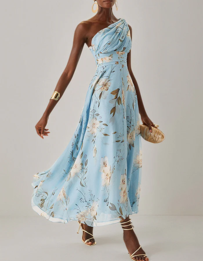 Duttini | Light Blue Chiffon One-Shoulder Floral Dress