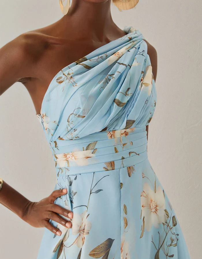 Duttini | Light Blue Chiffon One-Shoulder Floral Dress
