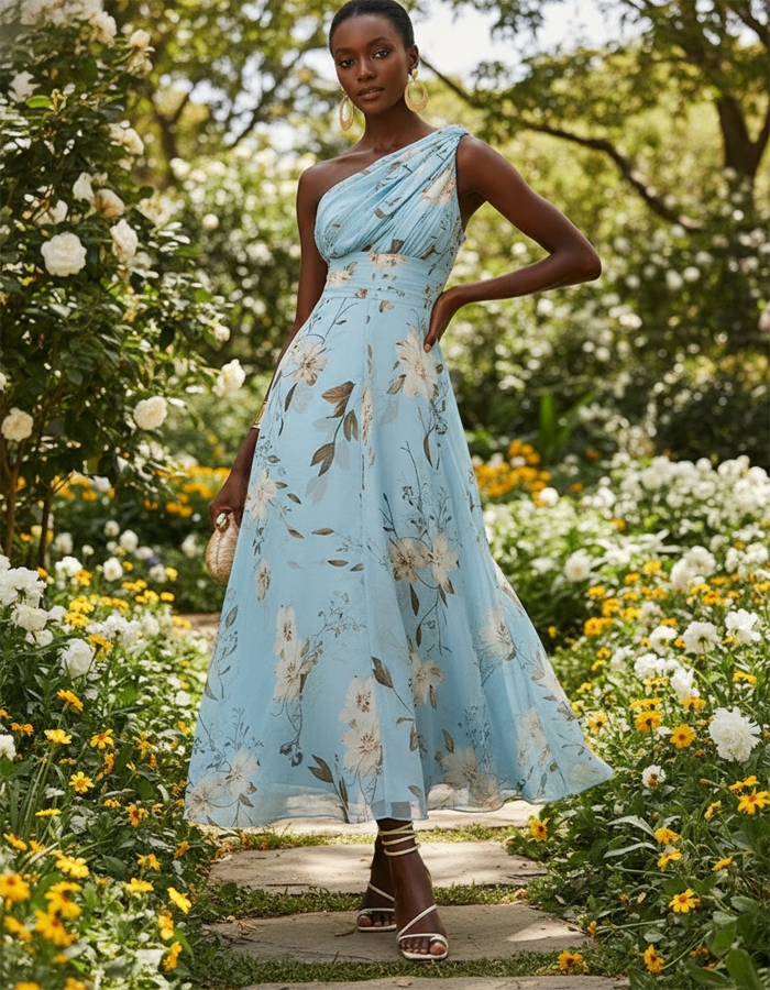 Duttini | Light Blue Chiffon One-Shoulder Floral Dress