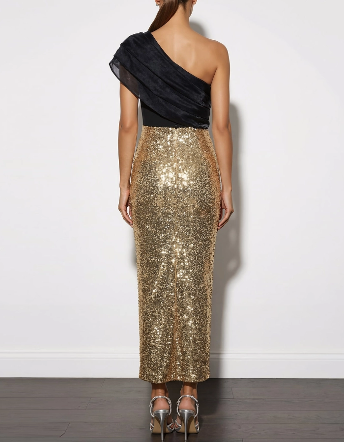 Duttini | Gold Sequin One-Shoulder Ruffle Dress