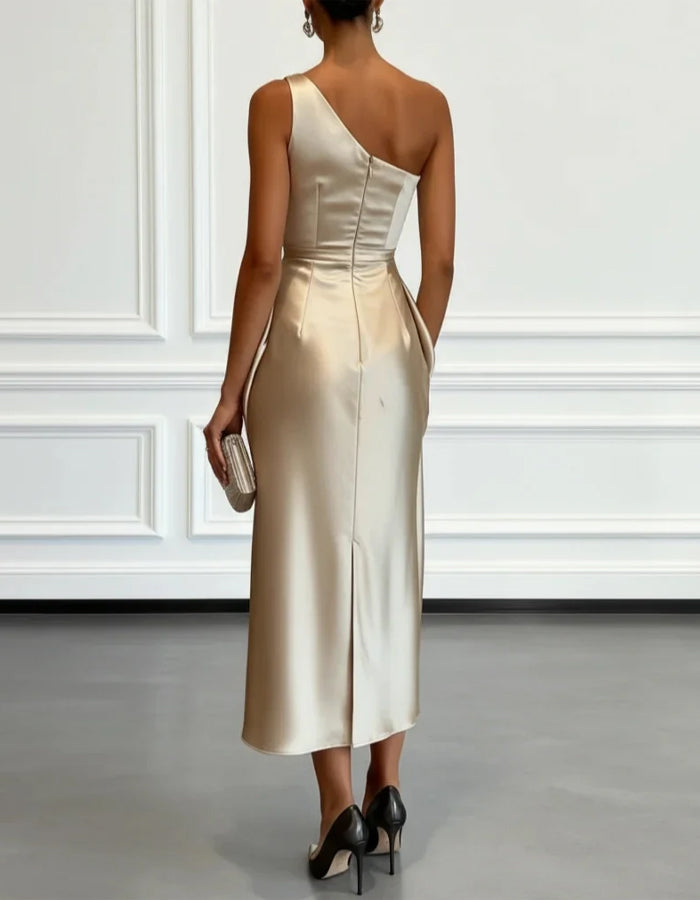 Duttini | Champagne Satin One-Shoulder Pleated Dress