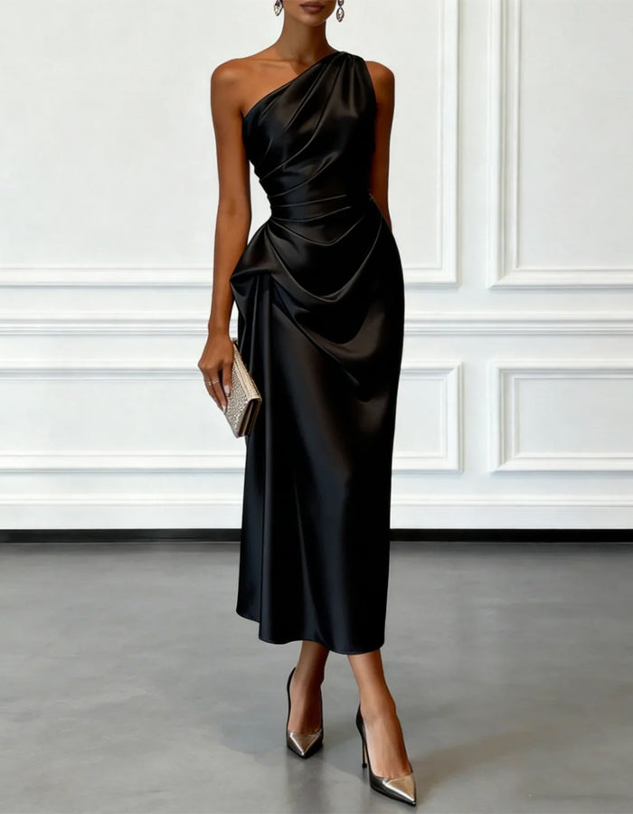Duttini | Champagne Satin One-Shoulder Pleated Dress