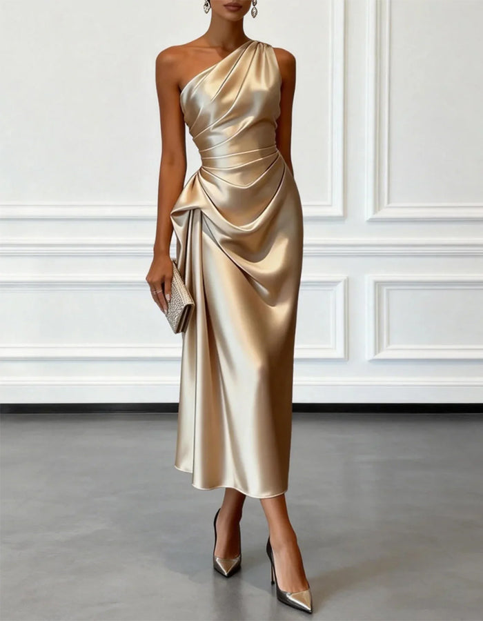 Duttini | Champagne Satin One-Shoulder Pleated Dress