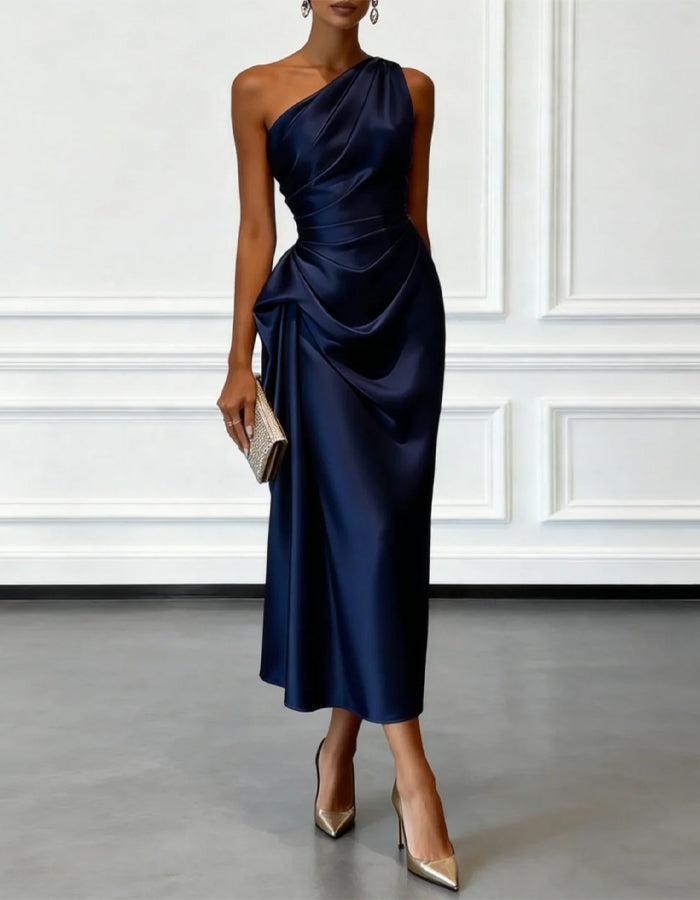 Duttini | Champagne Satin One-Shoulder Pleated Dress