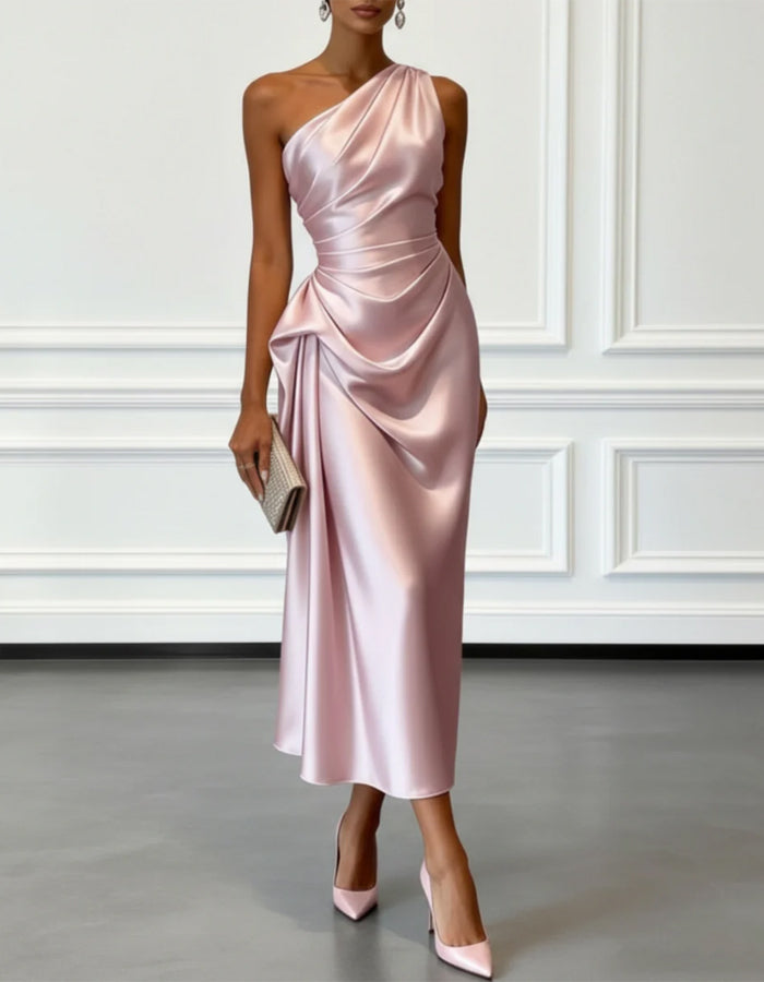 Duttini | Champagne Satin One-Shoulder Pleated Dress
