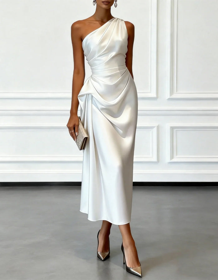 Duttini | Champagne Satin One-Shoulder Pleated Dress