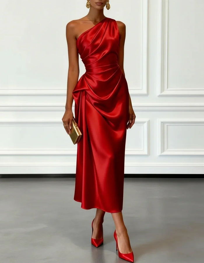Duttini | Champagne Satin One-Shoulder Pleated Dress