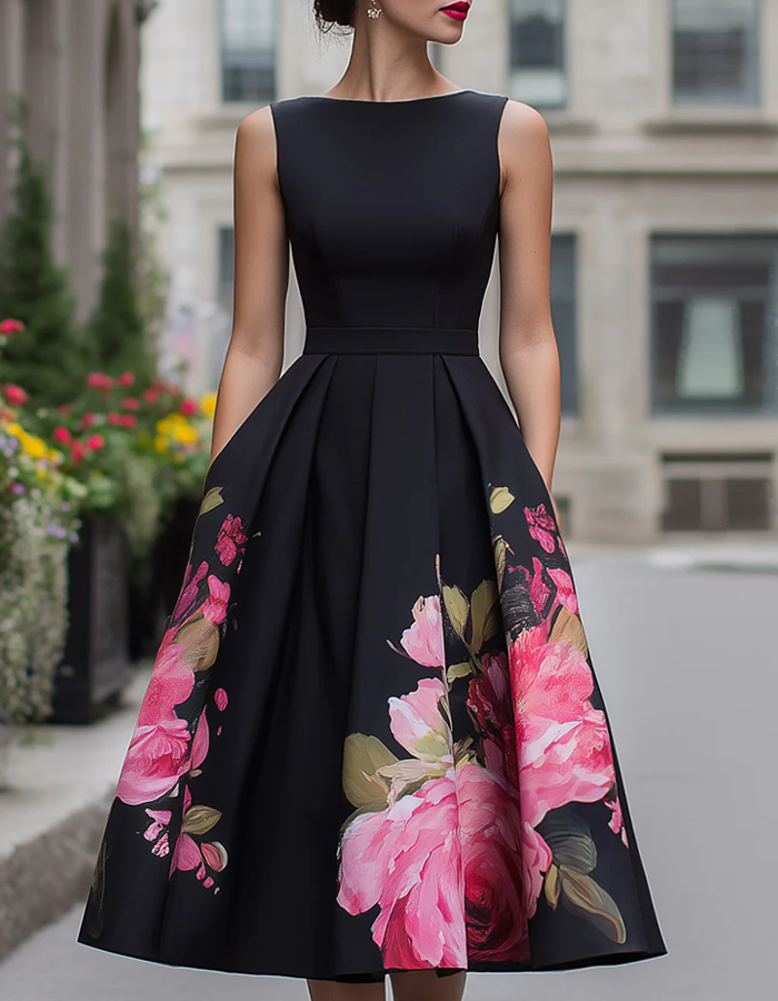 Duttini | Black Floral Printed Sleeveless Dress