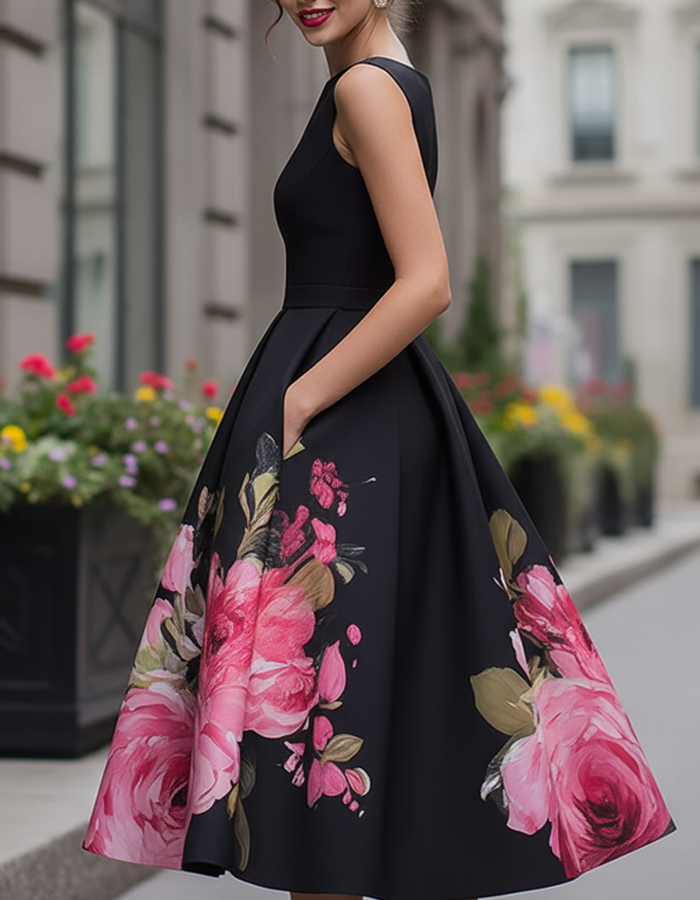 Duttini | Black Floral Printed Sleeveless Dress