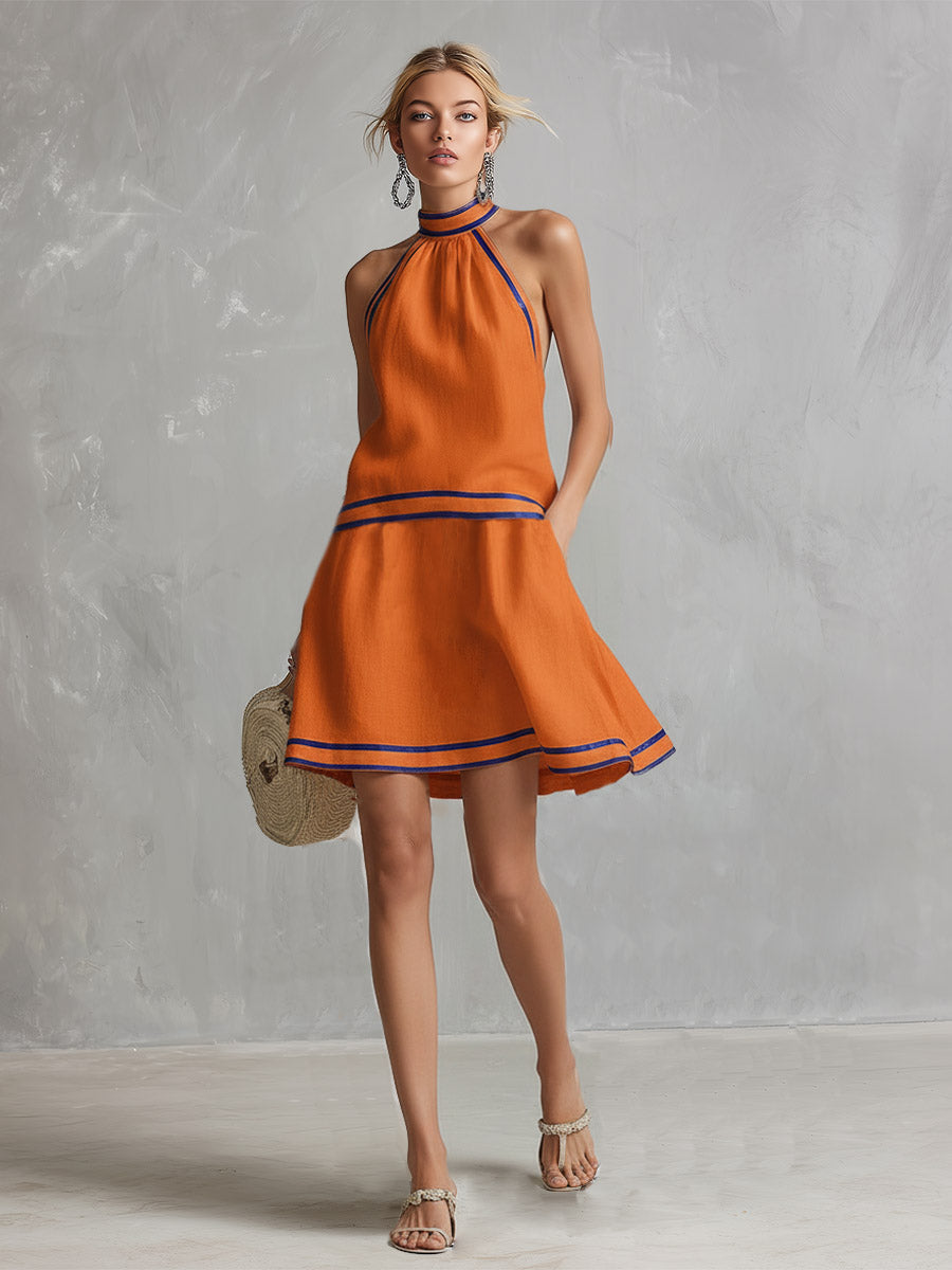 Duttini | Orange Linen Sleeveless Elegant Evening Dress