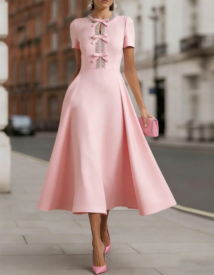 Duttini | Pink Satin Rhinestone Bow Detail Dress