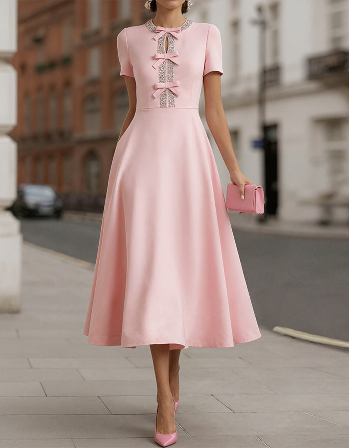 Duttini | Pink Satin Rhinestone Bow Detail Dress