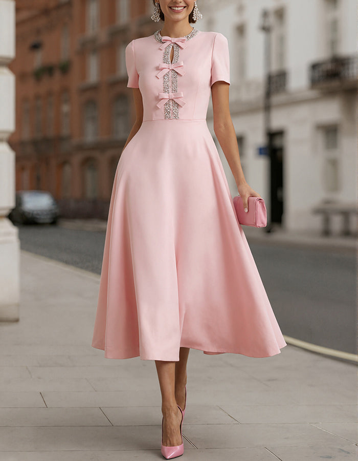 Duttini | Pink Satin Rhinestone Bow Detail Dress