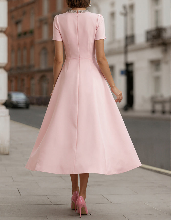 Duttini | Pink Satin Rhinestone Bow Detail Dress