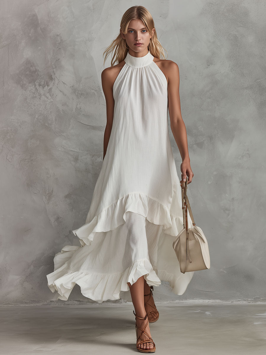 Duttini | Retro-Elegant White Sleeveless Ruffled Cotton-Linen Dress